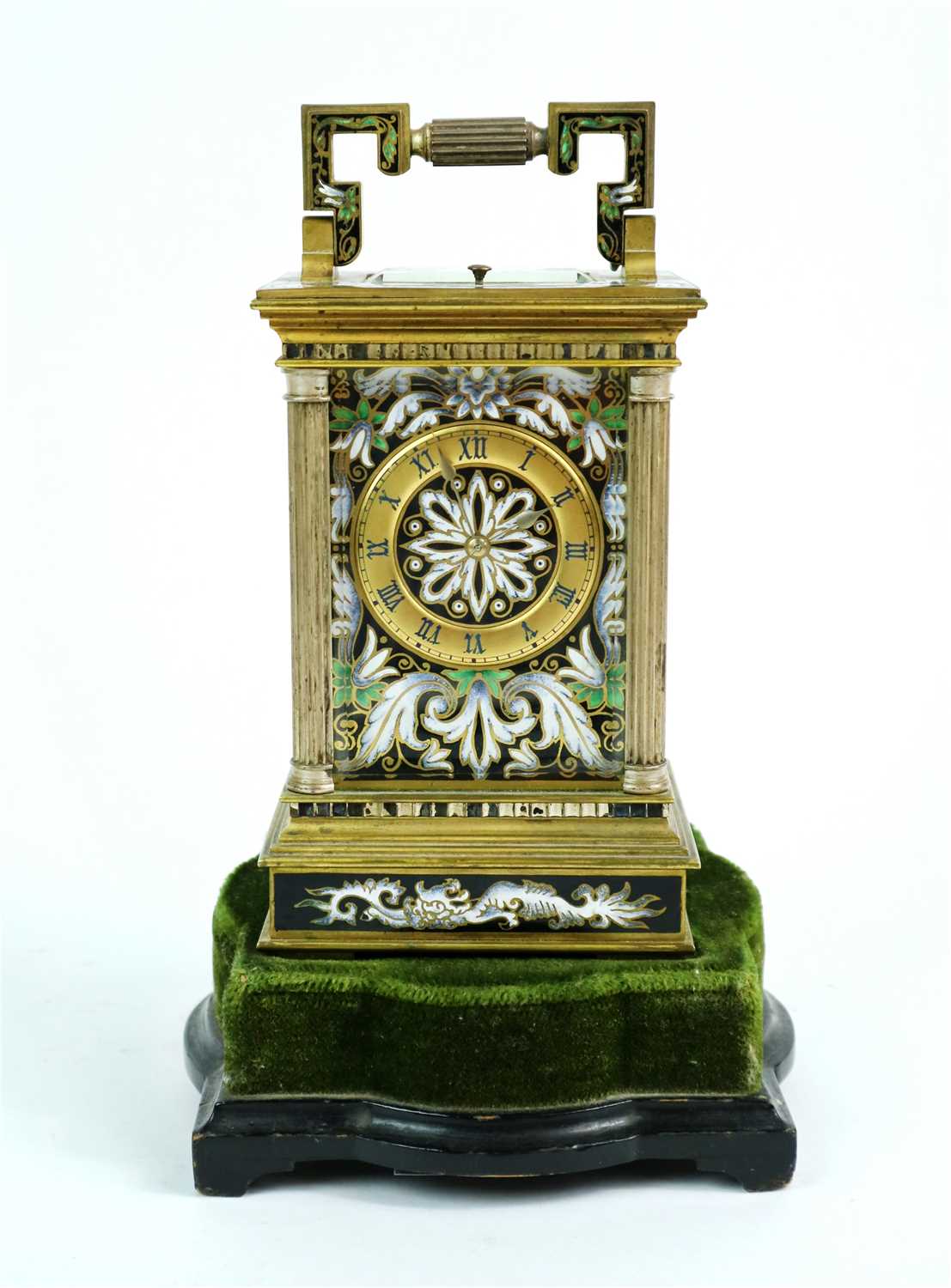 211 - A French mid-late 19th century champleve enamel cased carriage clock on stand