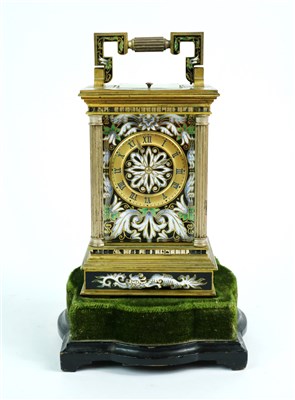 Lot 211 - A French mid-late 19th century champleve enamel cased carriage clock on stand