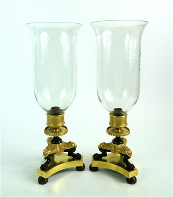 Lot 171 - A pair of French Empire bronze, ormolu and gilt brass storm lamps / lanterns