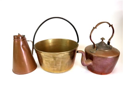 Lot 423 - A brass jam pan, copper kettle, William Arthur Smith Benson