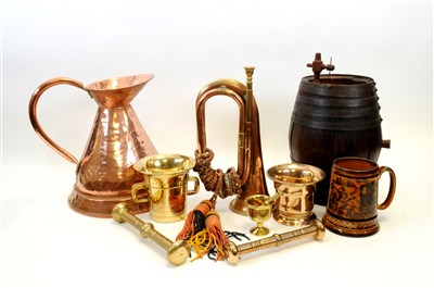 Lot 556 - A miscellaneous collection to include a coopered spirit barrel. bronze and brass mortars etc.