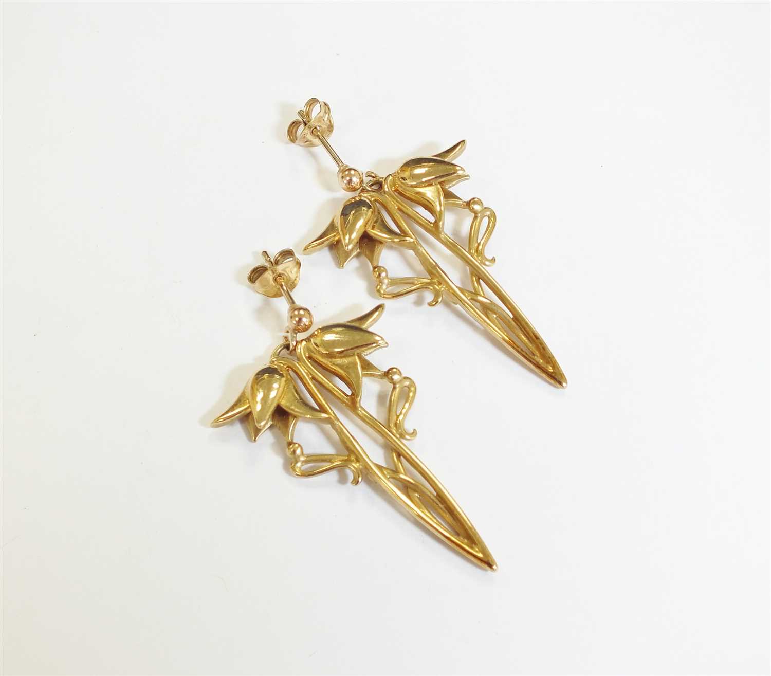 Lot 74 - A pair of 9ct gold Art Nouveau style earrings,...