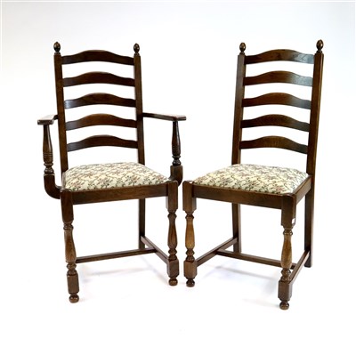 Lot 819 - A set of six reproduction oak ladder back dining chairs (4+2)