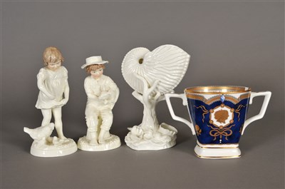 Lot 139 - Pair of Royal Worcester figures, commemorative cup and nautilus shell