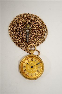 Lot 371 - 18ct gold ladies fob watch with 9ct gold guards chain