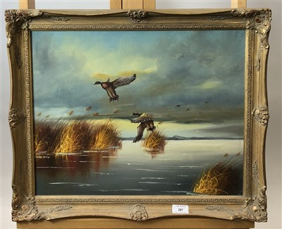 Lot 287 - Ducks in Flight, oil on canvas