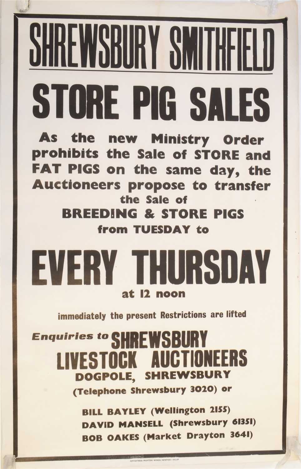 Lot 538 - Of local interest, a 20th century Shrewsbury Smithfield 'Store Pig Sales' auction poster
