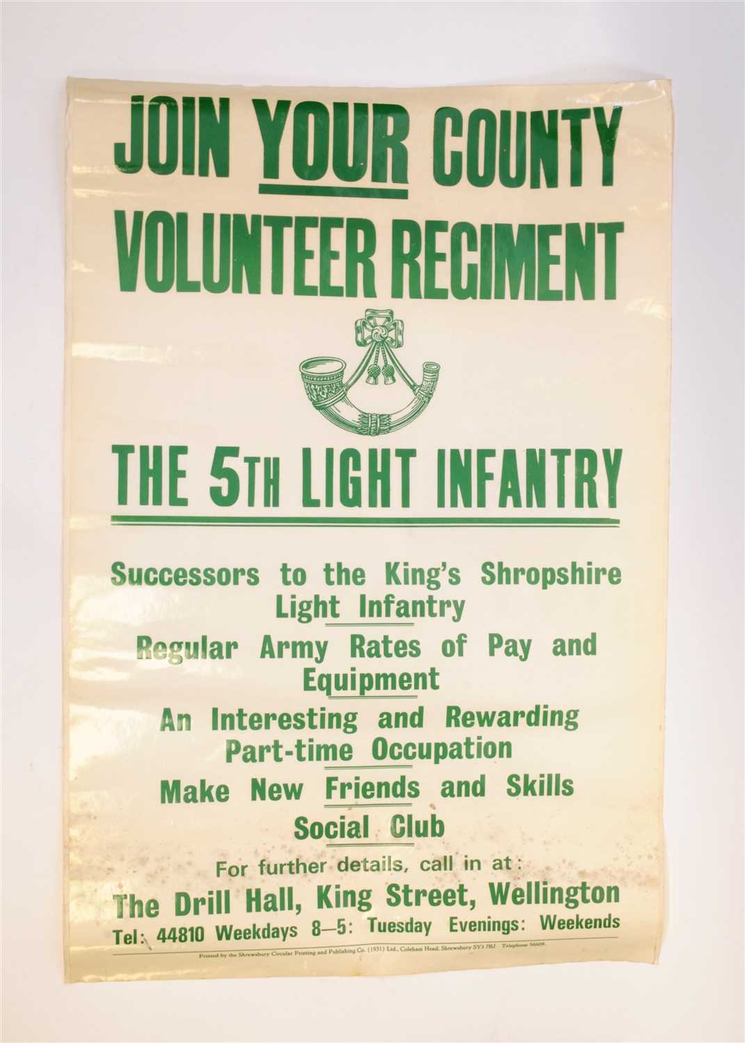 Lot 547 - Of local (Shropshire interest) a 20th century Regimental advertising poster
