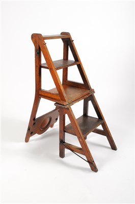 Lot 636 - A late 19th century oak folding hall chair / flight of library steps