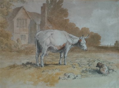 Lot 62 - Robert Hills RA (1769-1844), A Cow with her Calf near a Cottage