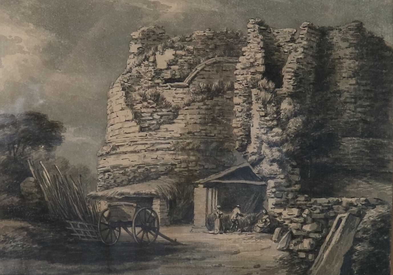 Lot 47 - Thomas Hearne (1744-1817), Figures and a cart near a ruined tower