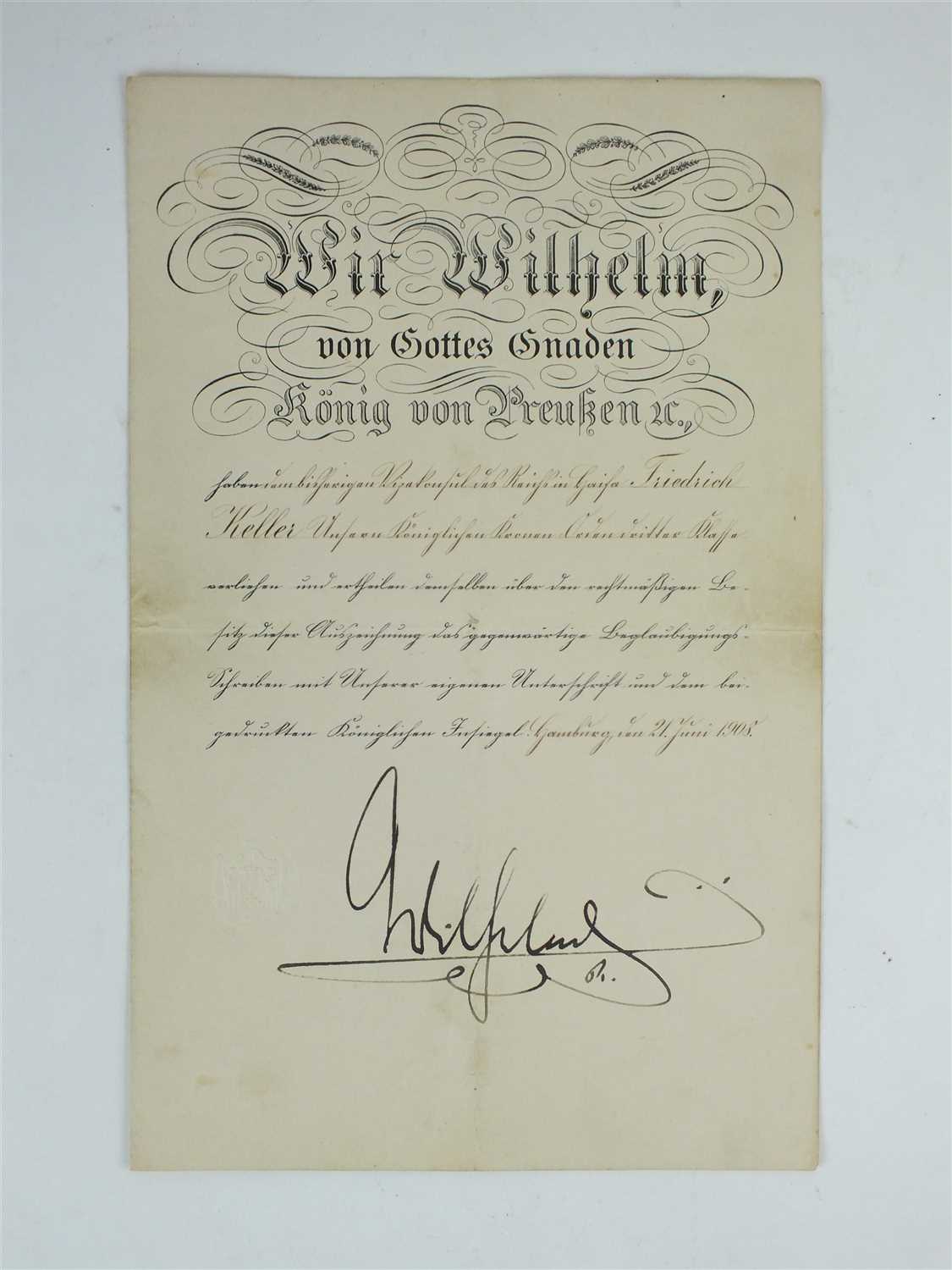 Lot 355 - Certificate signed by Wilhelm II, German Emperor (1859-1941)