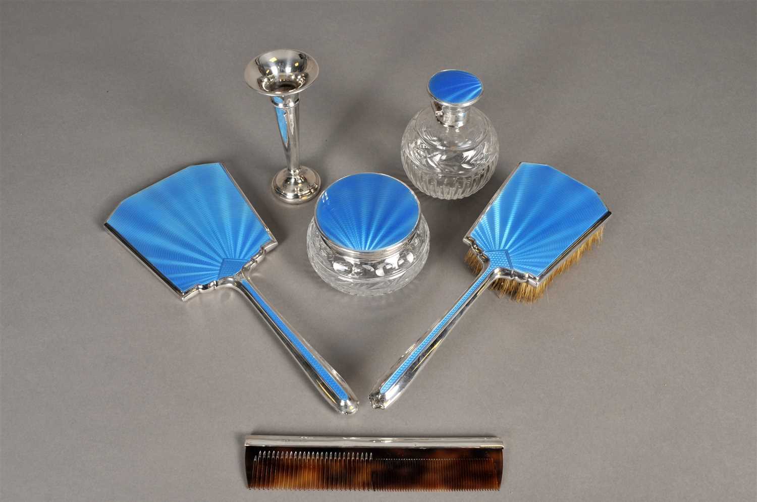 Lot 64 - A collection of silver and blue guilloche enamel mounted dressing wares
