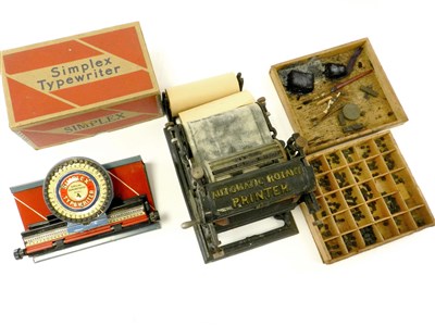 Lot 727 - Pre-war Miniature Printing Press and Simplex tinplate Mechanical Typewriter.