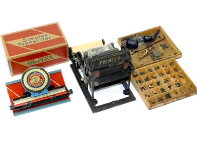 Lot 727 - Pre-war Miniature Printing Press and Simplex tinplate Mechanical Typewriter.