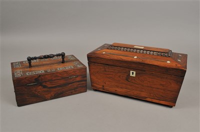 Lot 233 - A Victorian rosewood veneered travelling writing box and a rosewood veneered tea caddy