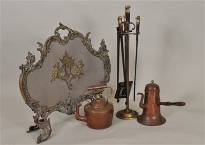 Lot 335 - A Victorian copper kettle, hot water pot and a trench art fireside companion set etc