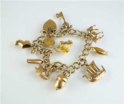 Lot 337 - A 9ct gold bracelet with attached charms