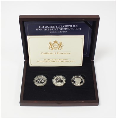 Lot 451 - Bailiwick of Guernsey, Isle of Man & Jersey platinum wedding anniversary five pound three coin set