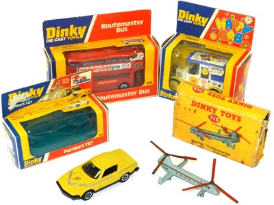 Lot 282 - Boxed Dinky lot; Bristol 173 Helicopter, Purdey’s TR7, Happy Cab, LT Routemaster (4)