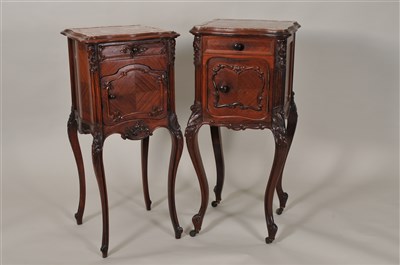 Lot 340 - pair of 19th century style French marble lined bedside cupboards retailed by Seventh Heaven