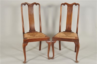 Lot 355 - A set of six Queen Anne style mahogany rush-seated dining chairs