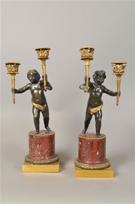 Lot 230 - A highly decorative pair of 19th century bronze, ormolu and marble figural candle stands