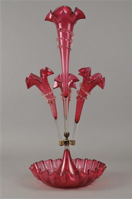 Lot 201 - Cranberry epergne and pair of lustres