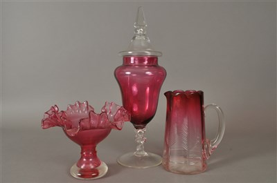 Lot 155 - Three pieces of late Victorian cranberry glass