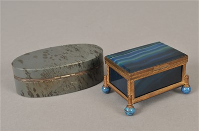 Lot 283 - A small 19th century continental blue agate casket and polished hard stone casket / snuff box