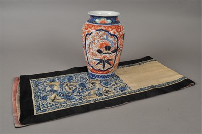 Lot 261 - A Japanese Imari export vase and a Chinese woven silk panel