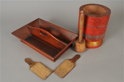 Lot 270 - A 19th century mahogany cutlery tray, an Indian mortar and pestle and a pair of butter paddles