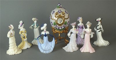 Lot 222 - Eight Coalport models of ladies together with a Franklin Mint Fabergé egg clock