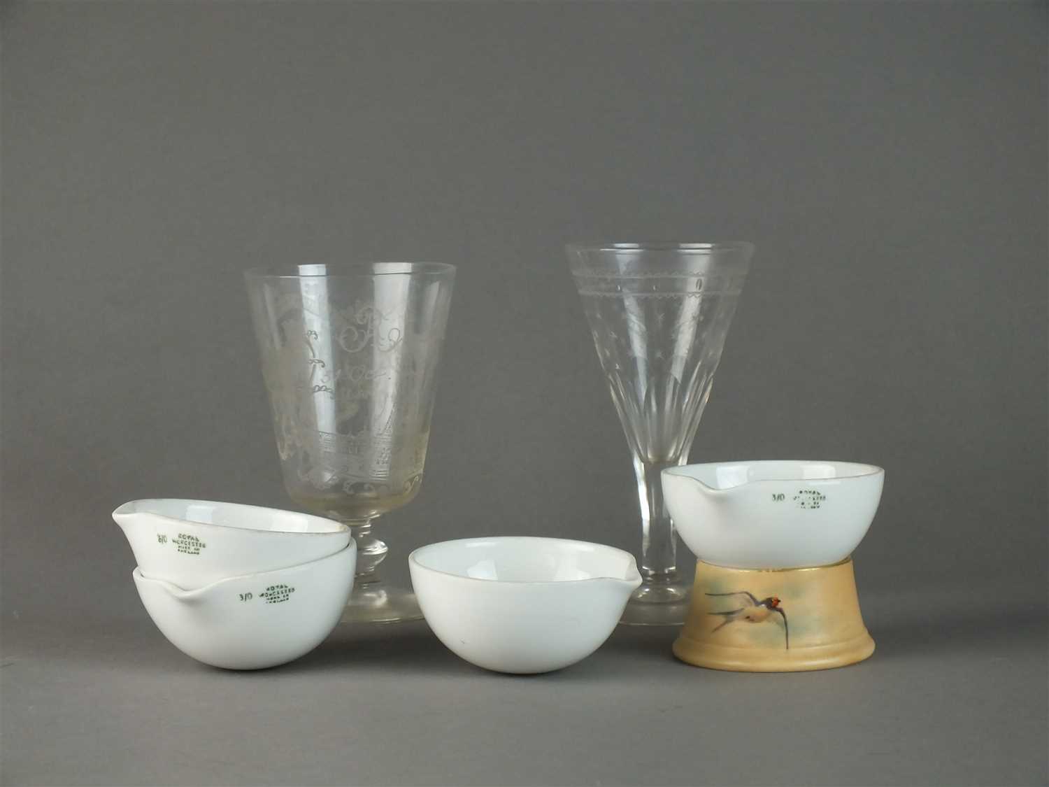 Lot 168 - Royal Worcester apothecary dishes, blush ivory dish and two glasses