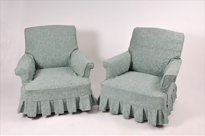 Lot 610 - An associated trio of upholstered Edwardian low armchairs