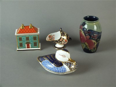 Lot 254 - Two Royal Crown Derby paperweights and a Royal Crown Derby imari coal scuttle