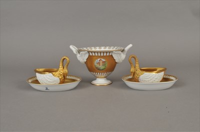 Lot 238 - Dresden twin-handled vase, pair of sauce boats and oval dishes