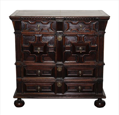 Lot 764 - A Charles II and later oak and fruitwood chest of two short and three long drawers