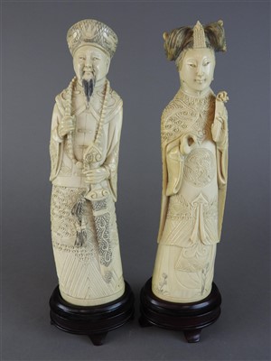 Lot 60 - A pair of Chinese Canton carved ivory figures...