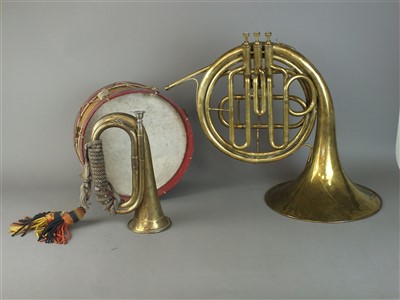 Lot 403 - Military bugle, painted drum and French horn