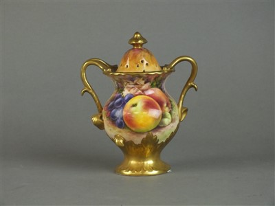 Lot 230 - Coalport twin-handled fruit pot pourri painted by Richard Budd