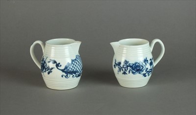 Lot 385 - Two Worcester barrel-form cream jugs, circa 1760