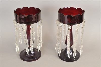 Lot 117 - A pair of Victorian ruby glass table lustres