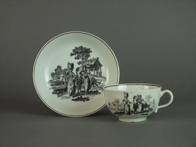 Lot 389 - Worcester 'Milkmaids' teacup and saucer, circa 1765