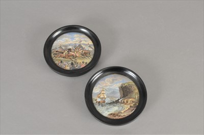 Lot 149 - Two Victorian prattware pot lids, framed