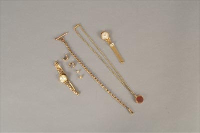 Lot 114 - Two watches, two earrings, fob and chain