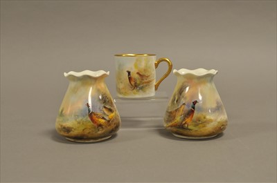 Lot 222 - Pair of Royal Worcester pheasant vases and coffee can