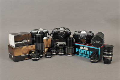 Lot 484 - A large collection of mostly Olympus and Pentax photographic equipment to include cameras
