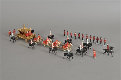 Lot 251 - A collection of hollow-cast painted Jo Hill Co coronation coach and soldiers