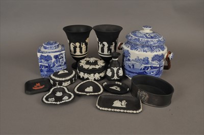 Lot 193 - Wedgwood black and white jasperware together with a Spode Caddy and Biscuit Barrel